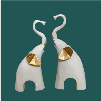 Decorative Elephant Figurines Set of 2, White with Gold Accents, Resin Sculpture, Home Decor.