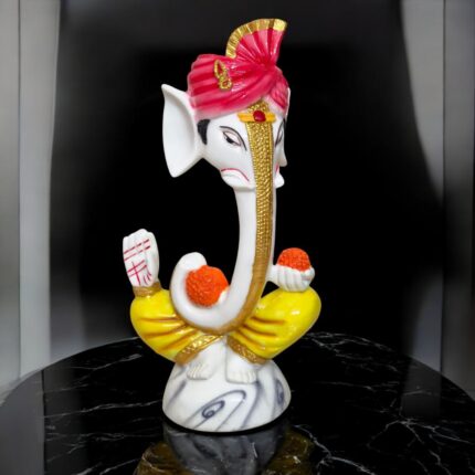 Ganesha Figurine, White and Gold Decorative Statue with Pink Crown, Yellow Dhoti, Orange Poms, Marble Base, Hindu God Idol.