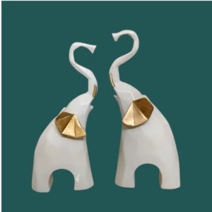 Decorative Elephant Figurines Set of 2, White with Gold Accents, Resin Sculpture, Home Decor. 1 elephant figurines